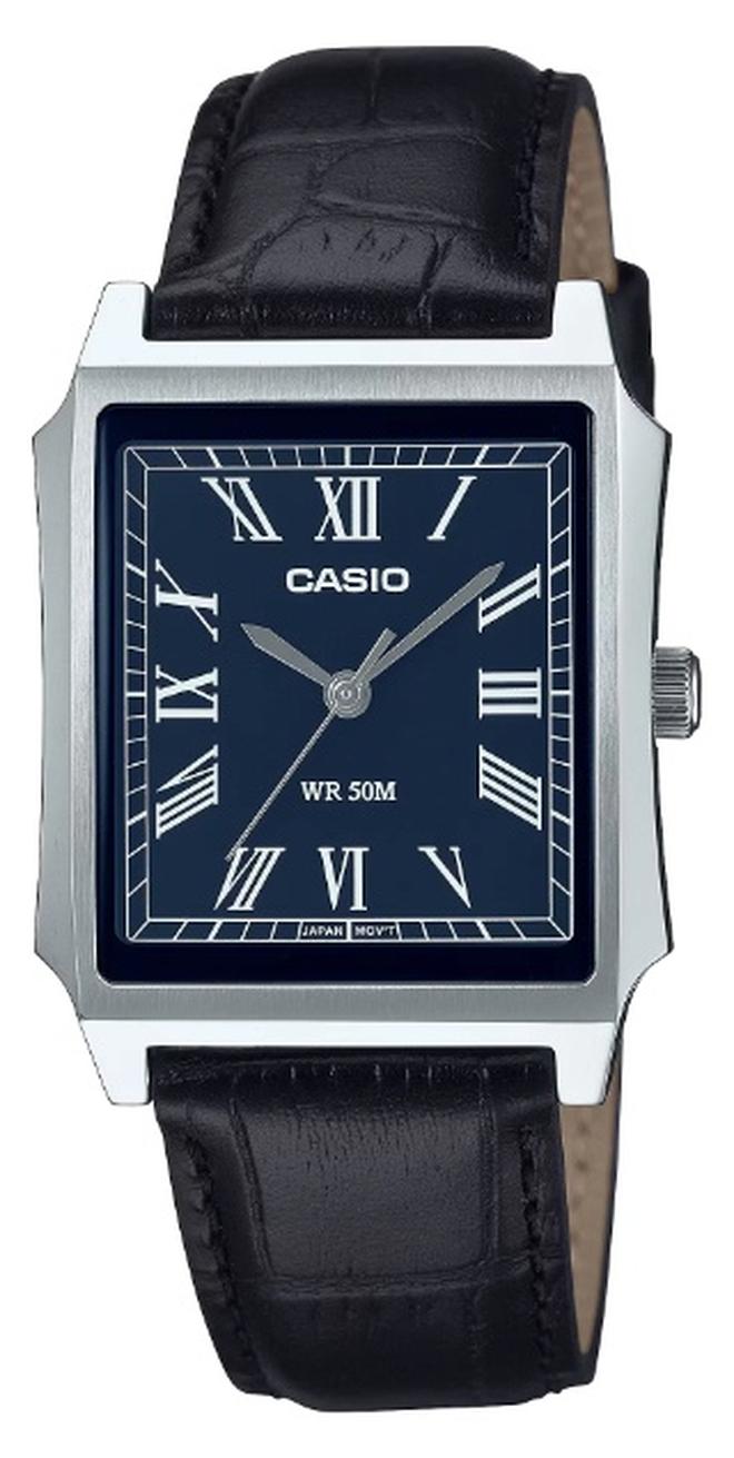 Quartz MTP‑B190L‑2BVDF Men’s Watch, Blue Dial Leather Strap 50M WR