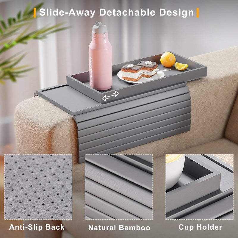 Bestjing Bamboo Sofa Armrest Tray Table for Couch - 2-in-1 Foldable Couch Arm Table with Be Slide Detachable Tray- Anti-Slip Sofa Armchair Caddy for Drinks Cellphone TV Remote Snacks(Gray) - Image 3