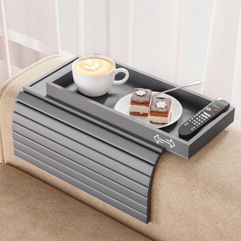 Bestjing Bamboo Sofa Armrest Tray Table for Couch - 2-in-1 Foldable Couch Arm Table with Be Slide Detachable Tray- Anti-Slip Sofa Armchair Caddy for Drinks Cellphone TV Remote Snacks(Gray) - Image 1