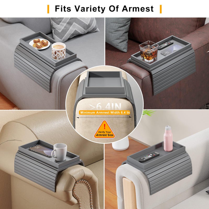 Bestjing Bamboo Sofa Armrest Tray Table for Couch - 2-in-1 Foldable Couch Arm Table with Be Slide Detachable Tray- Anti-Slip Sofa Armchair Caddy for Drinks Cellphone TV Remote Snacks(Gray) - Image 4