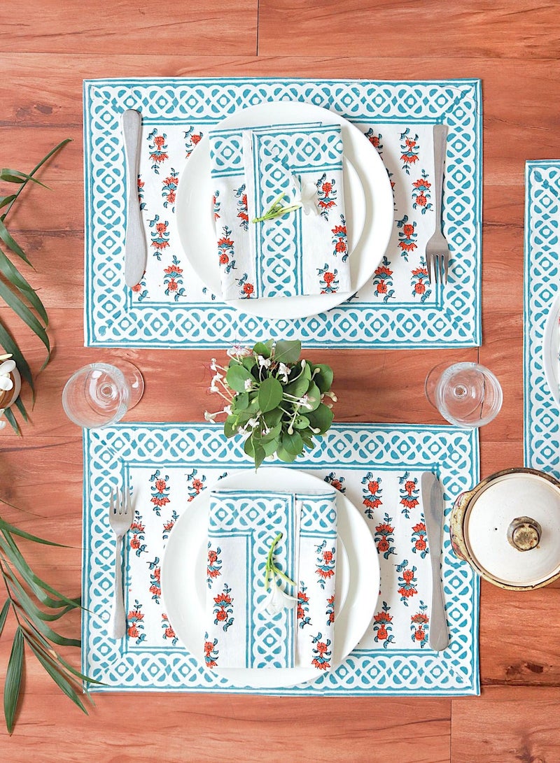 OJARIYA 12 Piece Grey and Orange color Hand Block Printed 100 Percent Canvas Cotton Table Placemats & Soft Cotton Napkin Set - Image 3