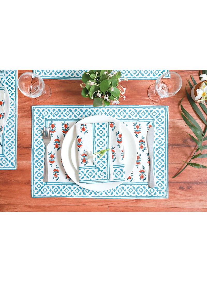 OJARIYA 12 Piece Grey and Orange color Hand Block Printed 100 Percent Canvas Cotton Table Placemats & Soft Cotton Napkin Set - Image 2