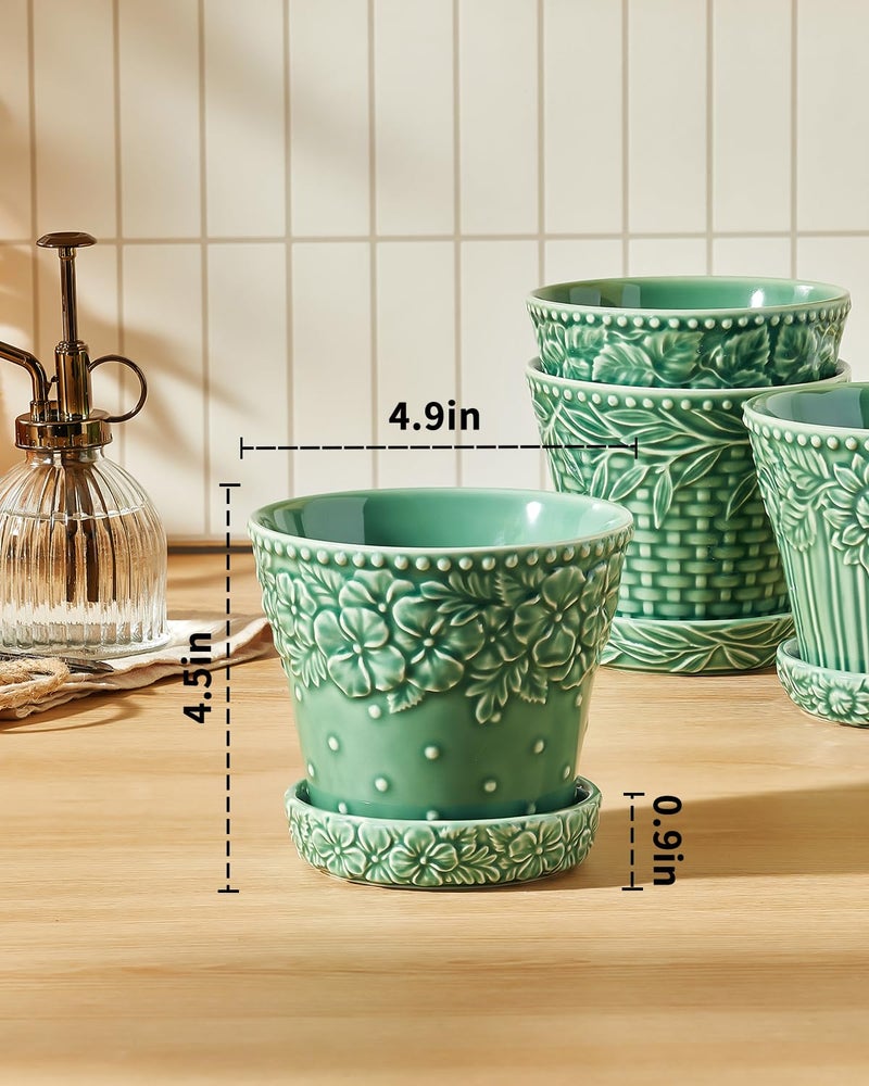 Metahom Ceramic Plant Pots, 4.9 Inch Flower Pots with Drainage Hole & Saucer, Decorative Planter Pots for Indoor Plants, Small Pots for Succulent, Catus, Home Decor, Set of 4, Green - Image 2