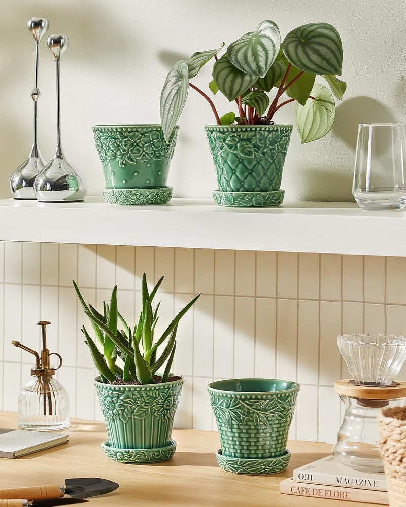Metahom Ceramic Plant Pots, 4.9 Inch Flower Pots with Drainage Hole & Saucer, Decorative Planter Pots for Indoor Plants, Small Pots for Succulent, Catus, Home Decor, Set of 4, Green - Image 3
