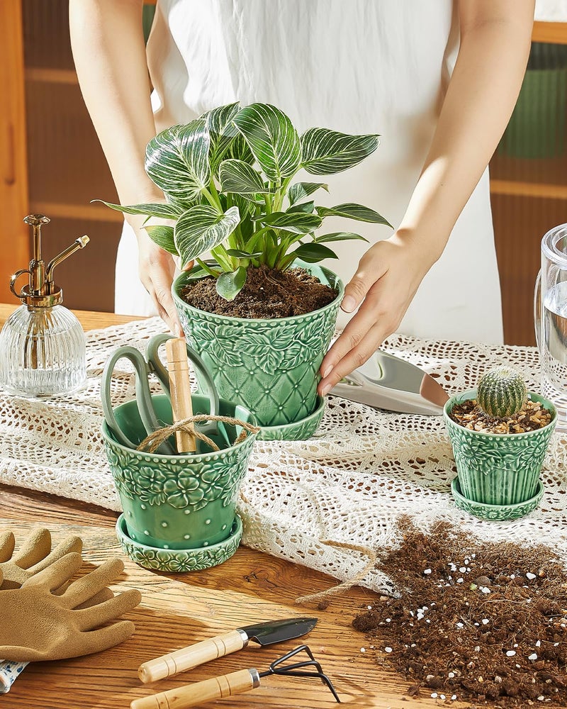 Metahom Ceramic Plant Pots, 4.9 Inch Flower Pots with Drainage Hole & Saucer, Decorative Planter Pots for Indoor Plants, Small Pots for Succulent, Catus, Home Decor, Set of 4, Green - Image 5
