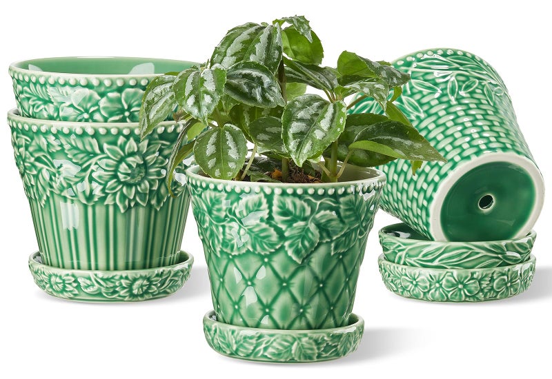 Metahom Ceramic Plant Pots, 4.9 Inch Flower Pots with Drainage Hole & Saucer, Decorative Planter Pots for Indoor Plants, Small Pots for Succulent, Catus, Home Decor, Set of 4, Green - Image 1