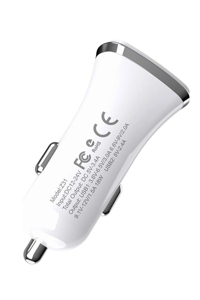 Hoco Z31 - Universe Dual USB-A Ports Fast Car Charger, Support QC3.0/QC2.0, FCP/SCP, AFC, APPLE 2.4A Fast Charing Protocols, Charger Compatible With iPhone Samsung Xiaomi Oppo Huawei - White - Image 4