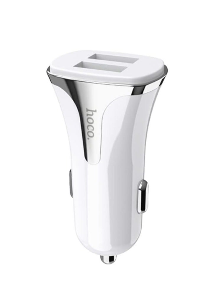 Hoco Z31 - Universe Dual USB-A Ports Fast Car Charger, Support QC3.0/QC2.0, FCP/SCP, AFC, APPLE 2.4A Fast Charing Protocols, Charger Compatible With iPhone Samsung Xiaomi Oppo Huawei - White - Image 1
