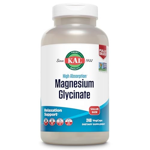 KAL Magnesium Glycinate New Improved Fully Chelated High Absorption Formula with BioPerine Bisglycinate Chelate for Stress Relaxation Muscle Bone Health Support 60 Servings 240 VegCaps