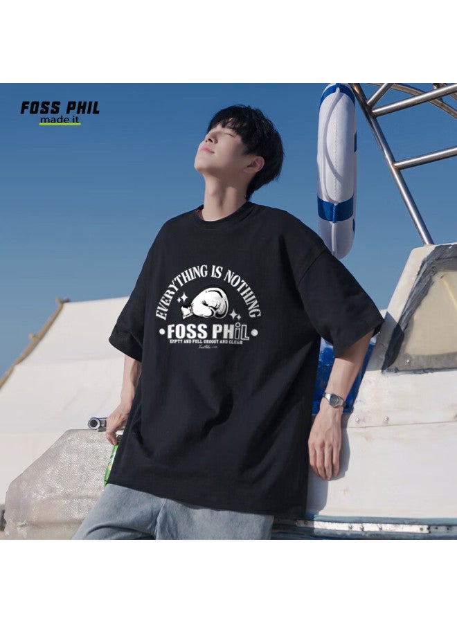 Foss Phil Short-sleeve T-shirt For Men And Women, Summer Pure Cotton American Trendy Fashion Printed Undershirt, Men's Clothing Dt09 Black 3XL - Image 1
