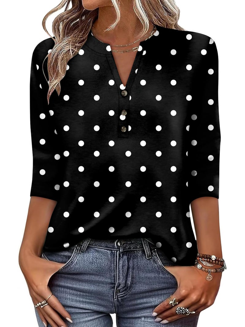 CRAZY GRID Lady Fashion 3/4 Cuffed Sleeve Tunic Top 2026 Fall V-Neck Button Down Dressy Blouse Polka Dots Print Outfits BlackWhiteDots X-Large - Image 1
