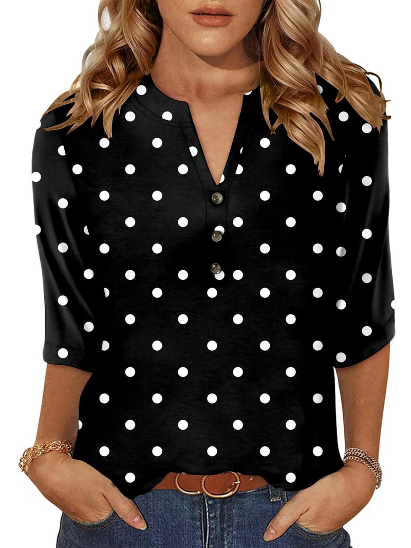 CRAZY GRID Lady Fashion 3/4 Cuffed Sleeve Tunic Top 2026 Fall V-Neck Button Down Dressy Blouse Polka Dots Print Outfits BlackWhiteDots X-Large - Image 2