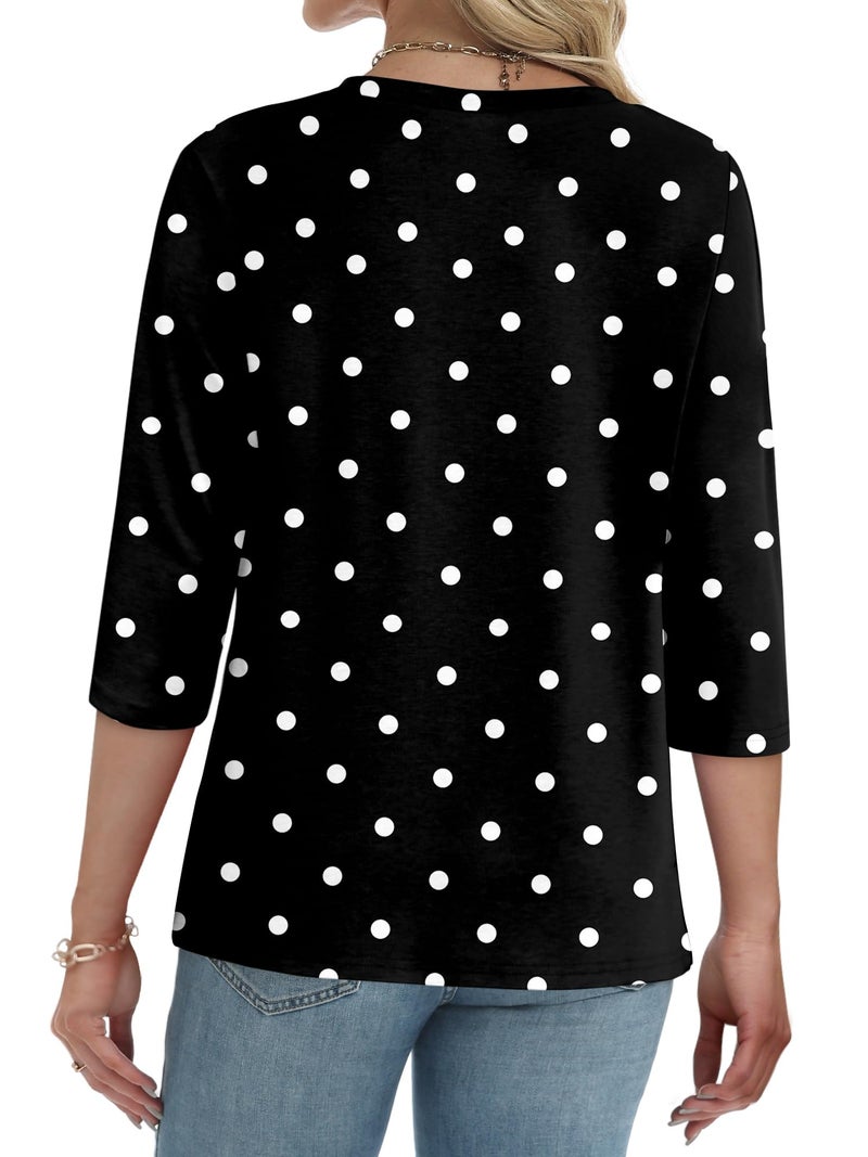 CRAZY GRID Lady Fashion 3/4 Cuffed Sleeve Tunic Top 2026 Fall V-Neck Button Down Dressy Blouse Polka Dots Print Outfits BlackWhiteDots X-Large - Image 5