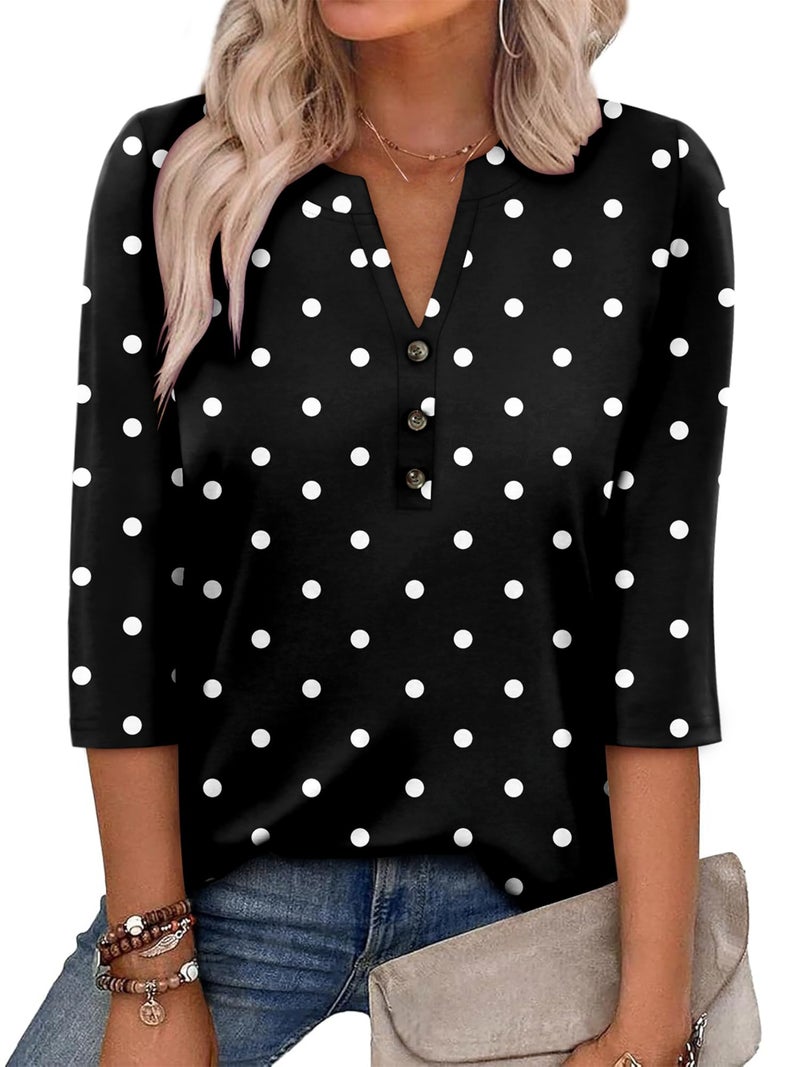 CRAZY GRID Lady Fashion 3/4 Cuffed Sleeve Tunic Top 2026 Fall V-Neck Button Down Dressy Blouse Polka Dots Print Outfits BlackWhiteDots X-Large - Image 3