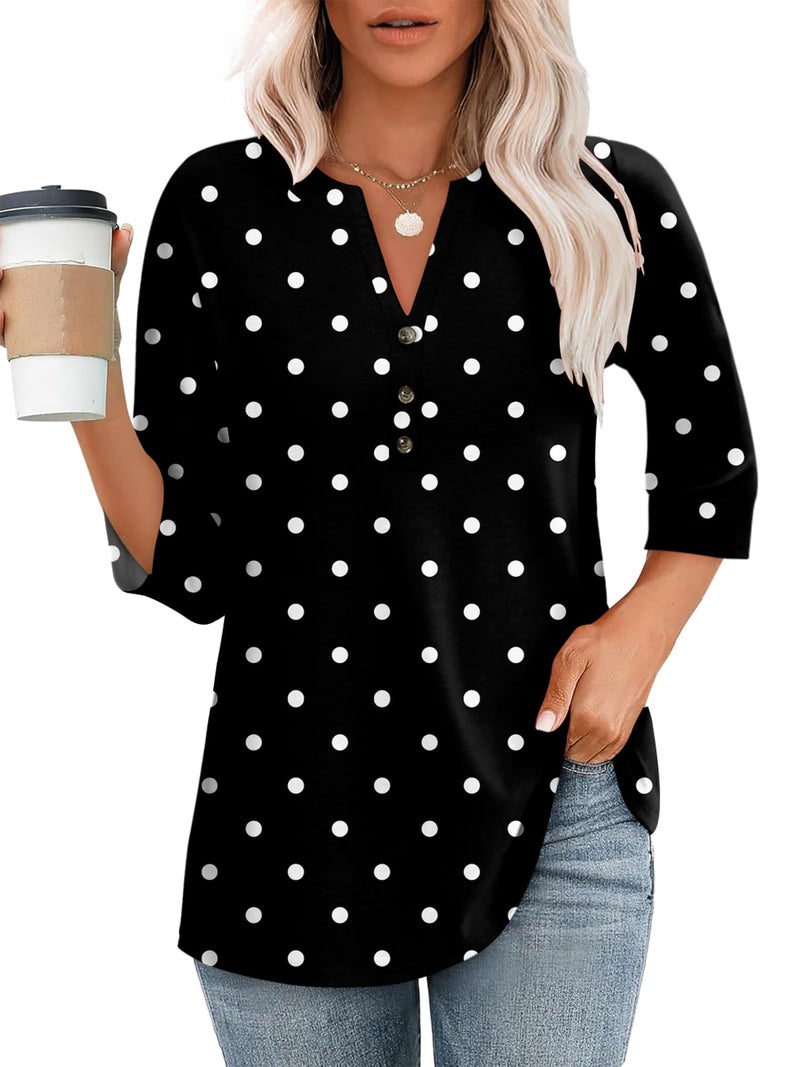 CRAZY GRID Lady Fashion 3/4 Cuffed Sleeve Tunic Top 2026 Fall V-Neck Button Down Dressy Blouse Polka Dots Print Outfits BlackWhiteDots X-Large - Image 4
