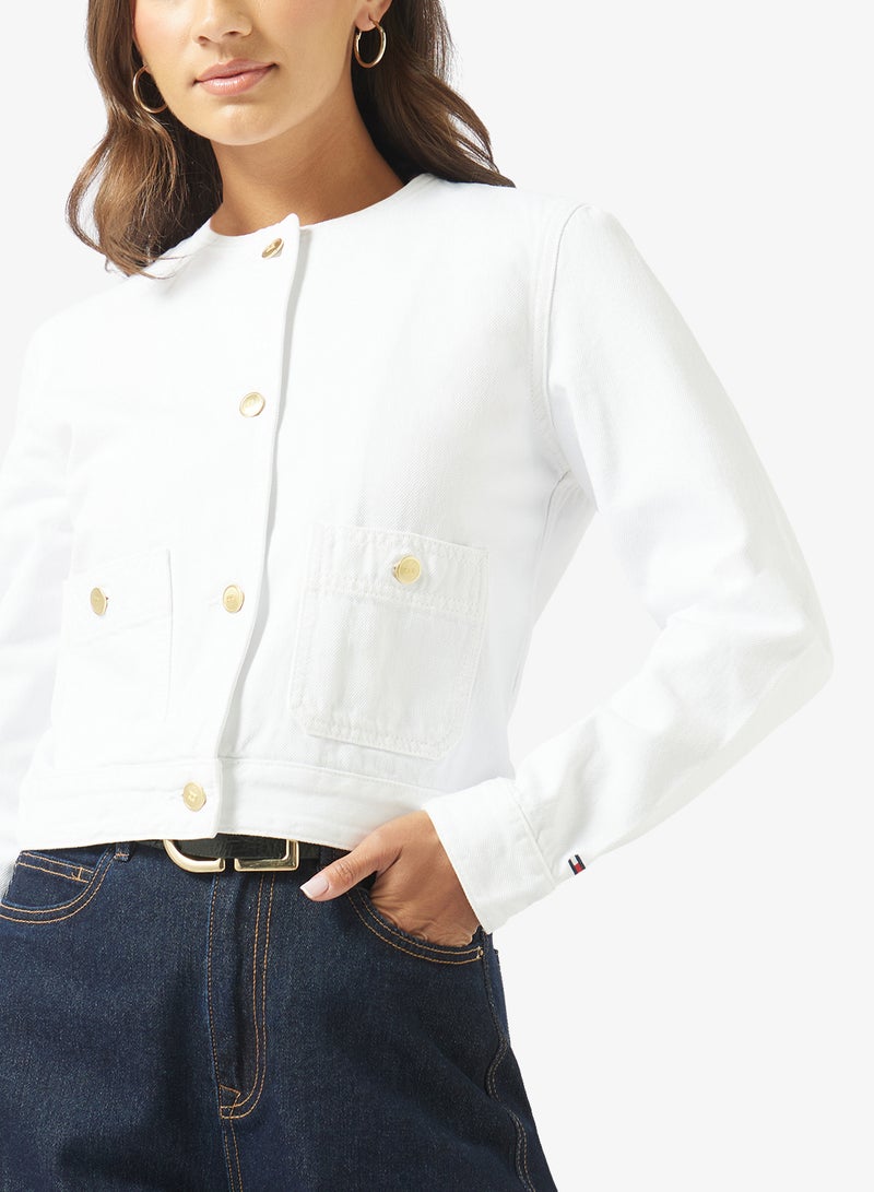 TOMMY HILFIGER Gold-Tone Button Collarless Denim Jacket - Image 3