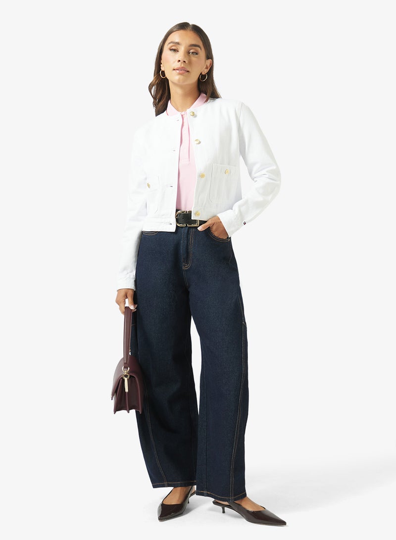TOMMY HILFIGER Gold-Tone Button Collarless Denim Jacket - Image 4