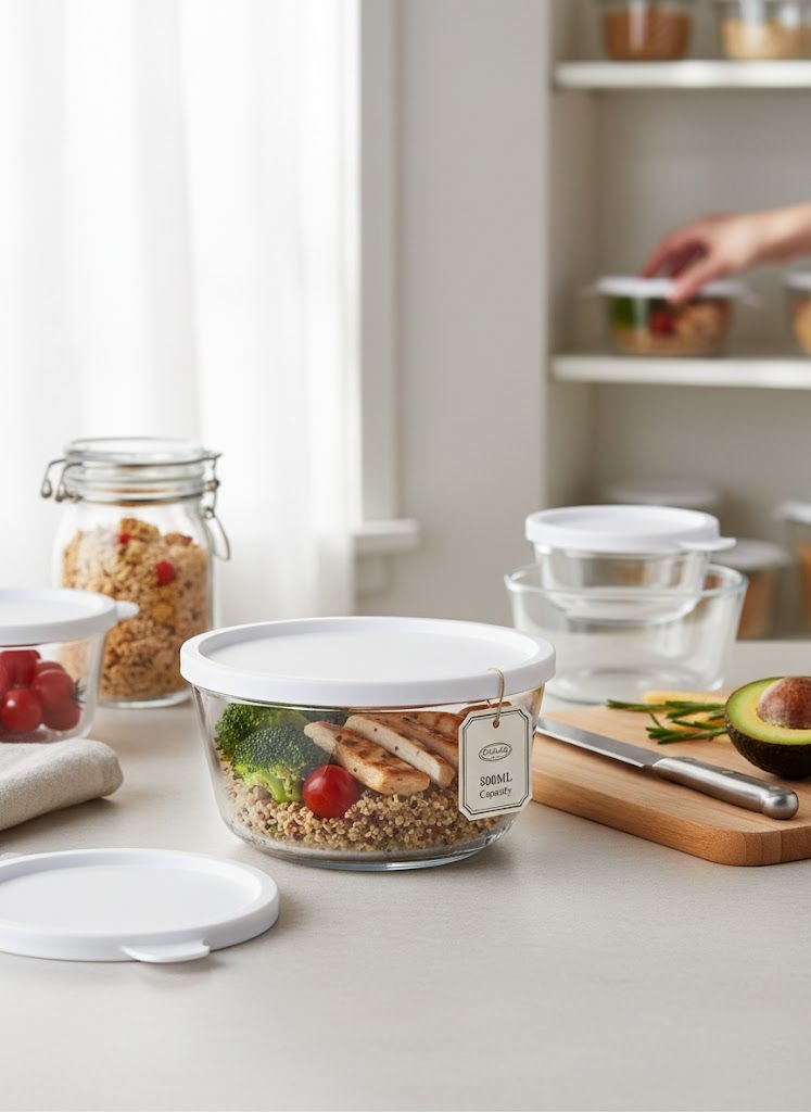 لاف حافظات طعام زجاجية دائرية بغطاء شفاف/أبيض 800 مل - Image 3