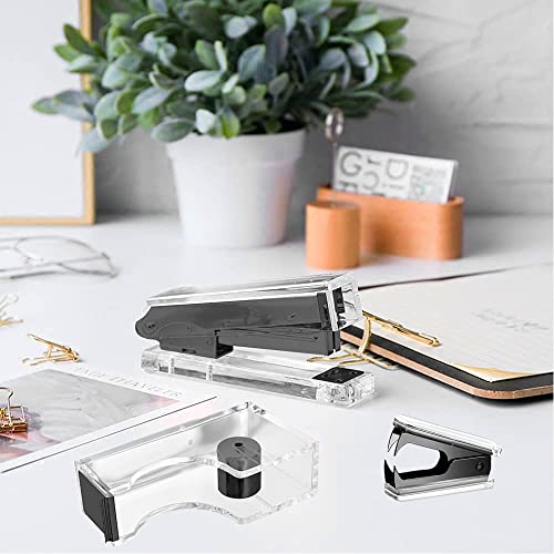 VOSTOR Acrylic Black Tape Dispenser Black Desktop Stapler, Acrylic Office Supplies Includes Staple Remover, Tape, 1000pcs Staples Desk Accessory Kit, Cute Office Stapler Set for Modern Design Office Desktop - Image 2