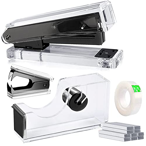 VOSTOR Acrylic Black Tape Dispenser Black Desktop Stapler, Acrylic Office Supplies Includes Staple Remover, Tape, 1000pcs Staples Desk Accessory Kit, Cute Office Stapler Set for Modern Design Office Desktop - Image 1