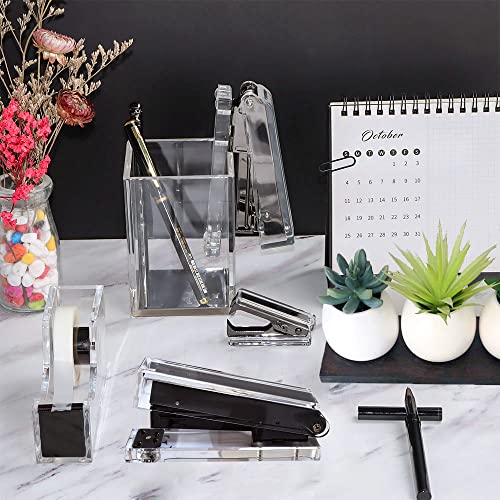VOSTOR Acrylic Black Tape Dispenser Black Desktop Stapler, Acrylic Office Supplies Includes Staple Remover, Tape, 1000pcs Staples Desk Accessory Kit, Cute Office Stapler Set for Modern Design Office Desktop - Image 5