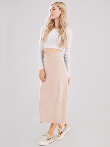 ebossy Women's Winter Warm High Waist Side Slit Wool Blend Long Skirts Rib Knit Stretchy Bodycon Pencil Skirt (2X-Large, Backslit-Apricot) - Image 5