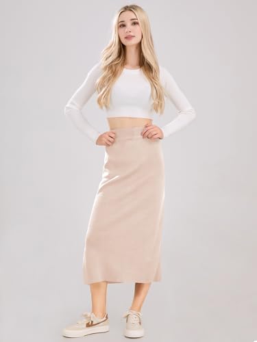 ebossy Women's Winter Warm High Waist Side Slit Wool Blend Long Skirts Rib Knit Stretchy Bodycon Pencil Skirt (2X-Large, Backslit-Apricot) - Image 3
