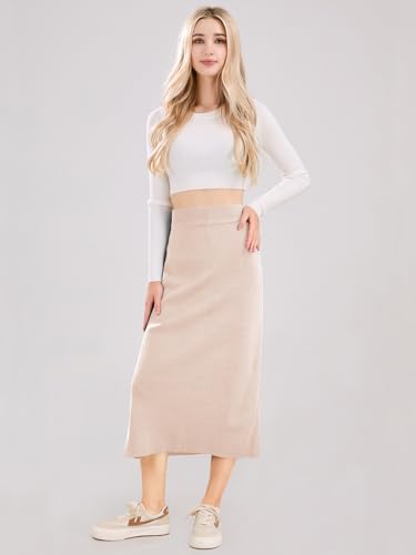 ebossy Women's Winter Warm High Waist Side Slit Wool Blend Long Skirts Rib Knit Stretchy Bodycon Pencil Skirt (2X-Large, Backslit-Apricot) - Image 4