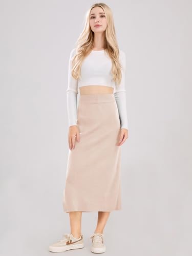 ebossy Women's Winter Warm High Waist Side Slit Wool Blend Long Skirts Rib Knit Stretchy Bodycon Pencil Skirt (2X-Large, Backslit-Apricot) - Image 2