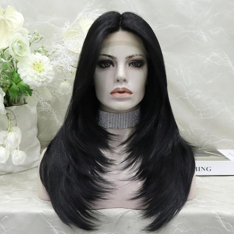 Jet Black Lace Front Wig T Part Synthetic Wig Wolf CutLayer Cut Straight Hair Wig 24 Inches Heat Resistant Synthetic Glueless Wig Soft and Natural Looking Hair Daily Wig