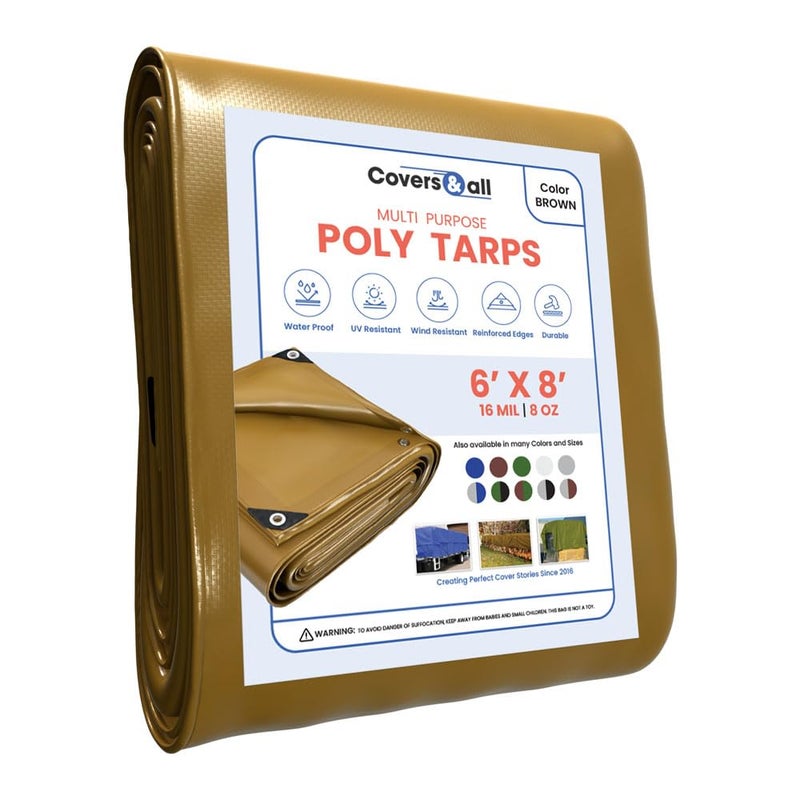 Covers & All Waterproof Plastic Tarp, 8 Oz, 250 GSM, 16 Mil Thick, Wind & UV Resistant Multipurpose Poly Camping Tarp with Reinforced Edges & Rust Proof Grommets (6" L x 8" W, Brown) - Image 1