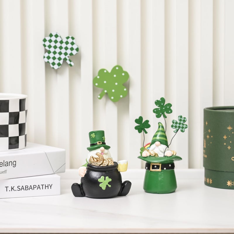 AOMOONOA St. Patrickâ€™s Day Gnomes, 2Pcs Small Leprechaun Figurines for Irish Home Decor, Resin Green Elf Statues with Coins and Lucky Clover for Holiday Tabletop, Tiered Tray Decorations - Image 5