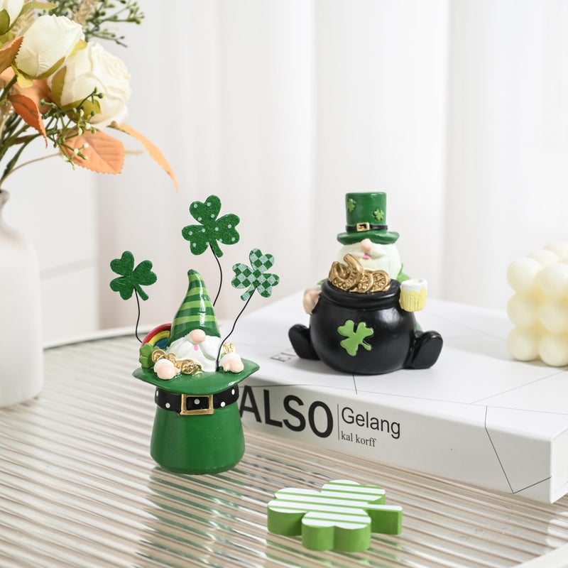 AOMOONOA St. Patrickâ€™s Day Gnomes, 2Pcs Small Leprechaun Figurines for Irish Home Decor, Resin Green Elf Statues with Coins and Lucky Clover for Holiday Tabletop, Tiered Tray Decorations - Image 2