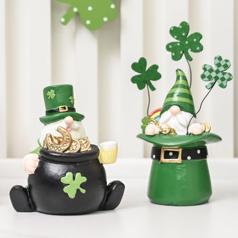 AOMOONOA St. Patrickâ€™s Day Gnomes, 2Pcs Small Leprechaun Figurines for Irish Home Decor, Resin Green Elf Statues with Coins and Lucky Clover for Holiday Tabletop, Tiered Tray Decorations - Image 1