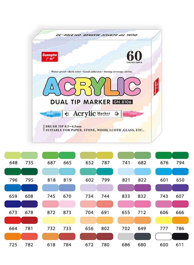 GuangNa 60 Colors Acrylic Dual Tip Marker Set, 30 Pens with Two-Tone Brush Tips, Liquid Acrylic Art Markers for Paper, Stone, Wood, Fabric, Glass & DIY Crafts - Image 1