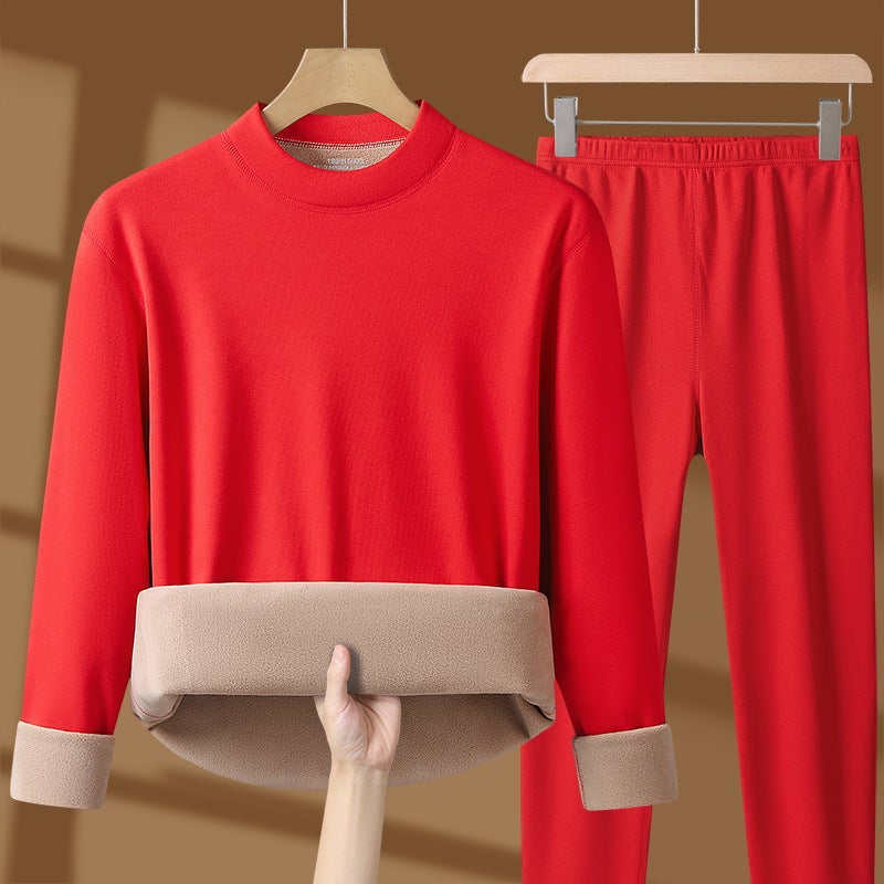 Warm Clothes Mens Thickened fleece-lined Cold-proof New Winter Womens Autumn Clothes and Autumn Trousers suit Lamb Fleece Mid-collar Big red women's model 