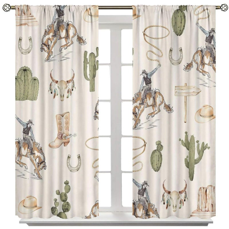 Yearn Jear Vintage West Cowboy Window Curtains ï¼ŒRustic Wild West Cowboy Ride Horse and Desert Cactus Window Treatments for Bedroom Living Room 42x45in Decor - Image 2