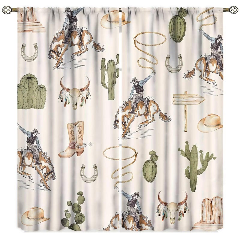 Yearn Jear Vintage West Cowboy Window Curtains ï¼ŒRustic Wild West Cowboy Ride Horse and Desert Cactus Window Treatments for Bedroom Living Room 42x45in Decor - Image 1
