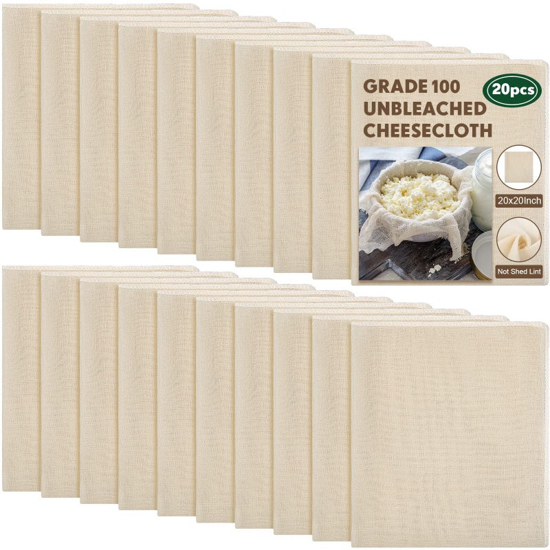 Chumia 20 Pcs 20x20 Inch Cheese Cloths for Straining Grade 100 Cheesecloth Reusable Muslin Cloth for Straining Unbleached Cotton Cheese Cloth Bulk for Baking Juicing Cheese Making