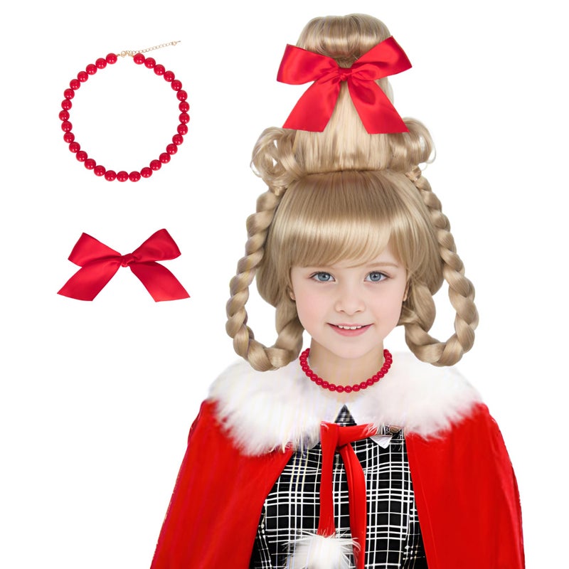 M MISS U HAIR Miss U Hair Christmas Girl Wig Long Blonde Braid Funny Wig for Kids Children with Red Necklace and Ribbon Bow 