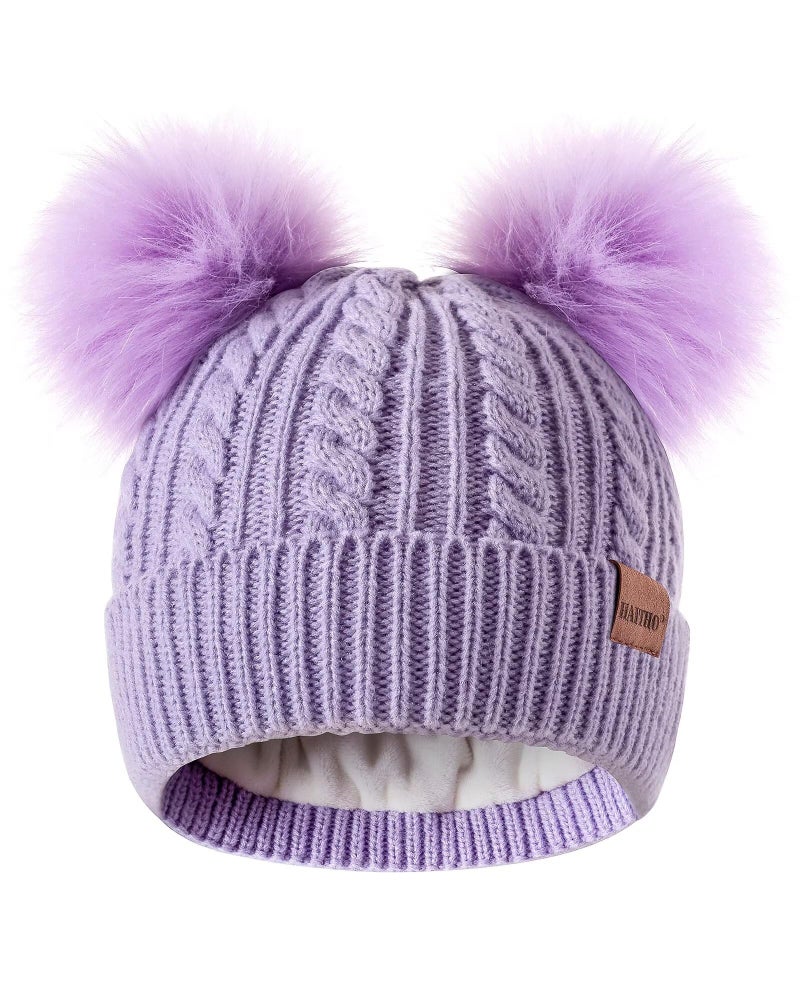 HAITHO Winter Hat for Kids Toddler Children, Girls Beanie with Double Pom Pom Warm Thick Thermal Fleece Lined, Girls Accessories Cute Knit Beanies Cap for Cold Weather(Purple) - Image 1