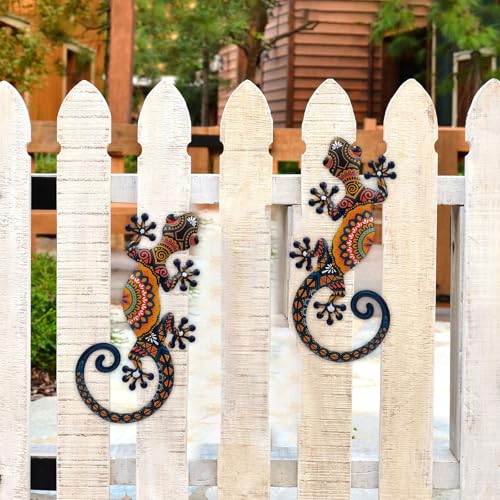 LIFFY Metal Lizard Gecko Wall Art 2 Pack 15 Inch Metal Wall Decor Lizard Outdoor Hanging Glass Sculpture Decoration for Yard Garden Art Patio Fence Home Unique Gift Ideas - Image 3
