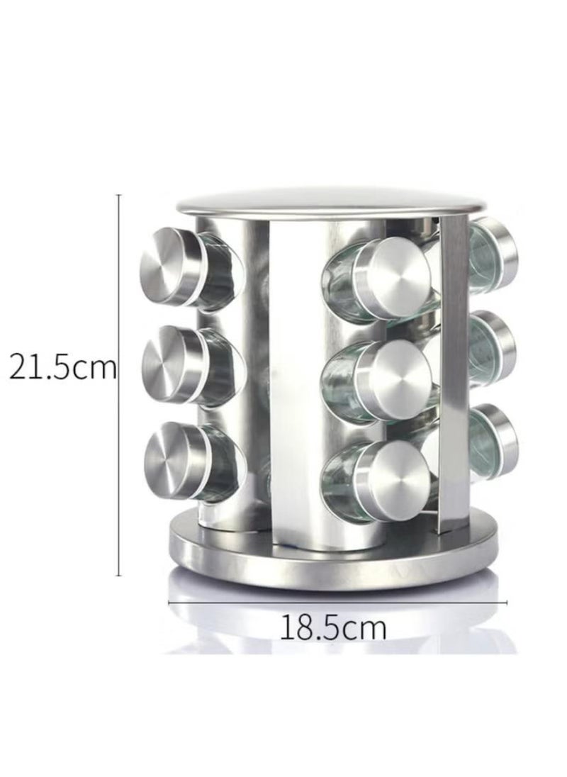 12-Piece Spice Jar Set with Rotating Stainless Steel Rack - Includes Airtight Round Glass Jars for Spices, Herbs and Seasonings - Image 3