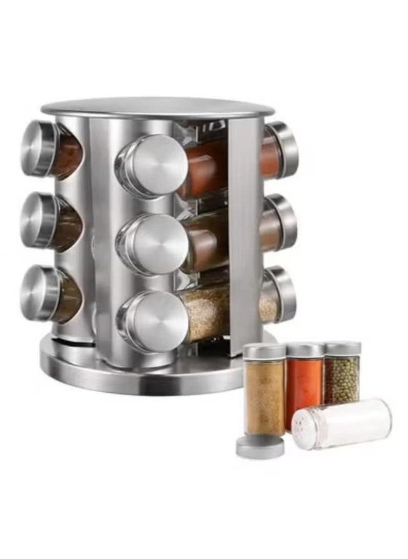 12-Piece Spice Jar Set with Rotating Stainless Steel Rack - Includes Airtight Round Glass Jars for Spices, Herbs and Seasonings - Image 1