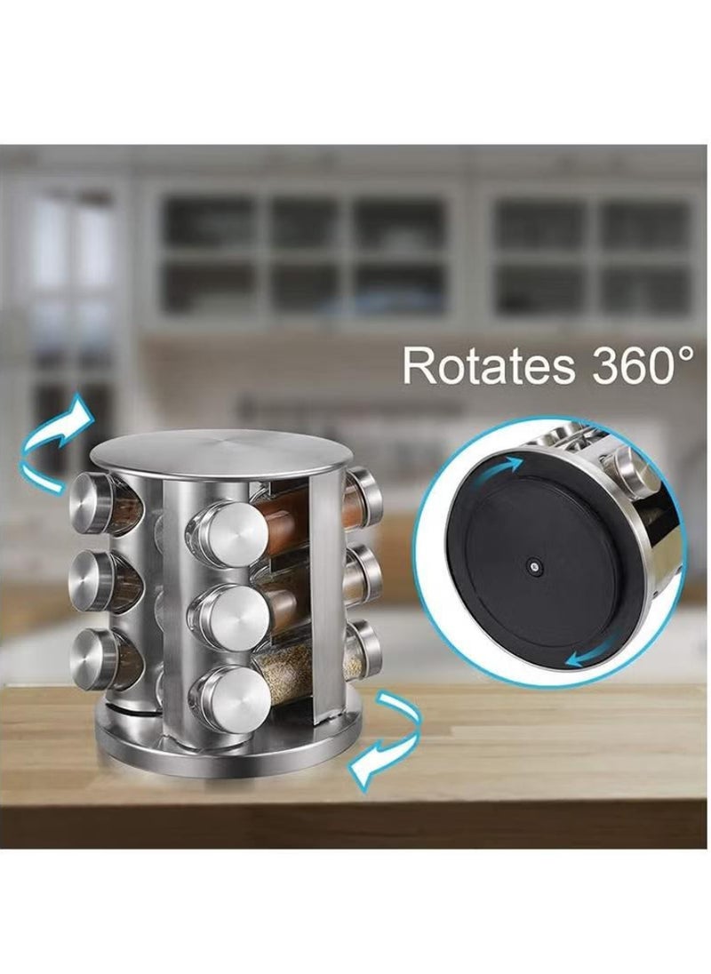 12-Piece Spice Jar Set with Rotating Stainless Steel Rack - Includes Airtight Round Glass Jars for Spices, Herbs and Seasonings - Image 2