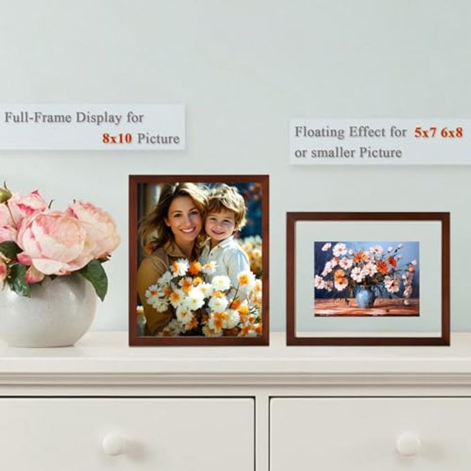 DLQuarts 8x10 Floating Photo Picture Frame, Floating Display 6x8, 5x7,or Full Display 8x10 Photos, Solid Wood, Double Glass, 2 Pack, Retro Walnut - Image 3