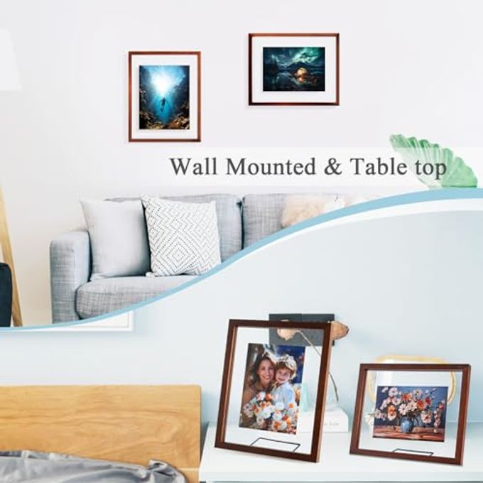 DLQuarts 8x10 Floating Photo Picture Frame, Floating Display 6x8, 5x7,or Full Display 8x10 Photos, Solid Wood, Double Glass, 2 Pack, Retro Walnut - Image 5