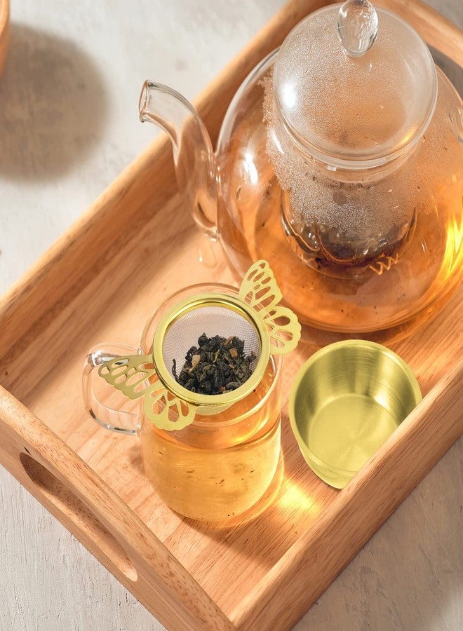 VEIREN 2 Pieces Tea Strainers with Drip Bowl Stainless Steel Loose Leaf Tea Filter with Butterfly Handle Reusable Fine Mesh Tea Interval Diffuser for Loose Leaf Coffee Herbal Spice(Style B, Gold2) - Image 3