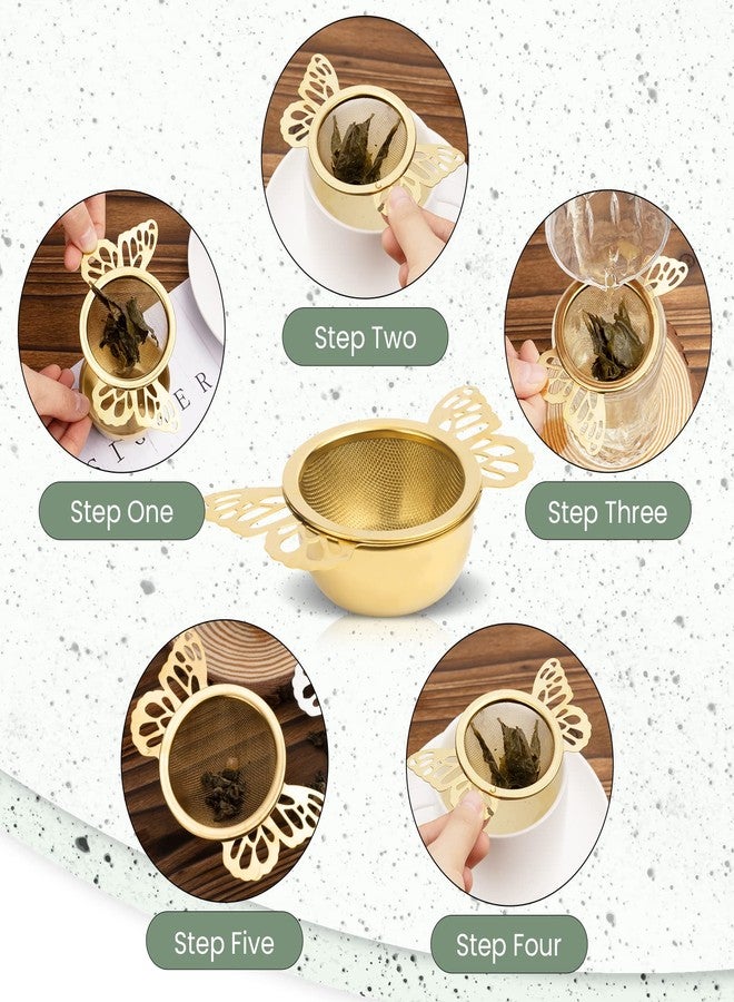 VEIREN 2 Pieces Tea Strainers with Drip Bowl Stainless Steel Loose Leaf Tea Filter with Butterfly Handle Reusable Fine Mesh Tea Interval Diffuser for Loose Leaf Coffee Herbal Spice(Style B, Gold2) - Image 5