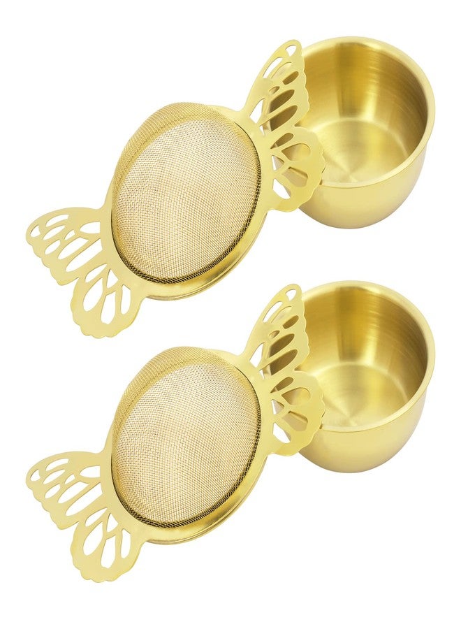 VEIREN 2 Pieces Tea Strainers with Drip Bowl Stainless Steel Loose Leaf Tea Filter with Butterfly Handle Reusable Fine Mesh Tea Interval Diffuser for Loose Leaf Coffee Herbal Spice(Style B, Gold2) - Image 1